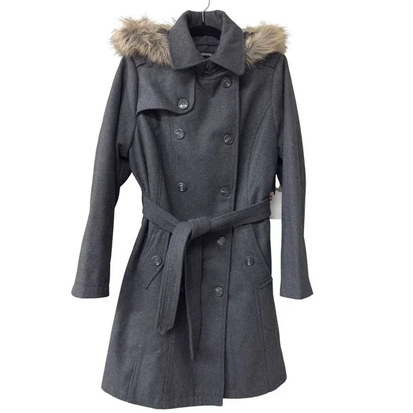 NWT | Alpine Swiss Parka Trench Pea Coat Belt Jacket Faux Fur Hood | Gray |Small - Picture 2 of 13
